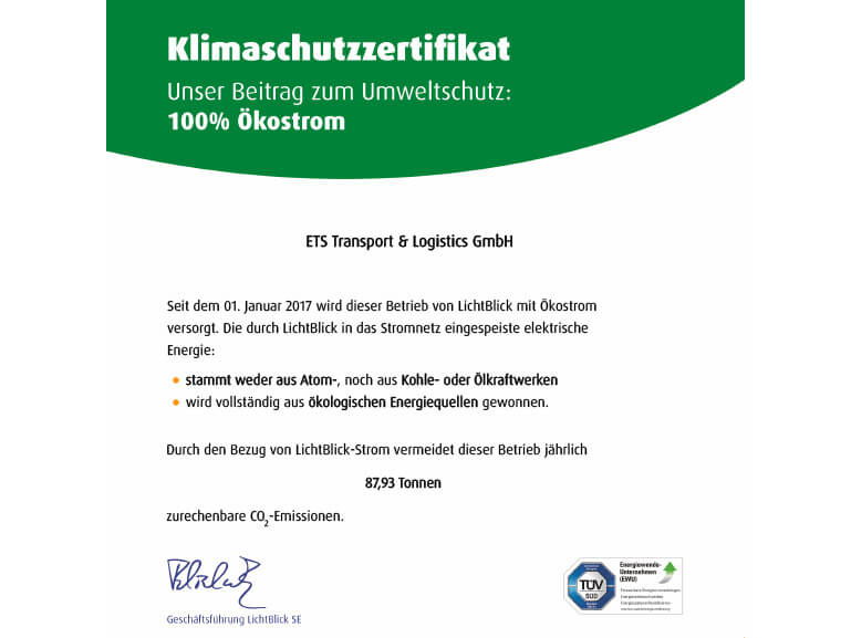Bild zeigt Klimaschutzzertifikat der ETS Transport und Logistics GmbH